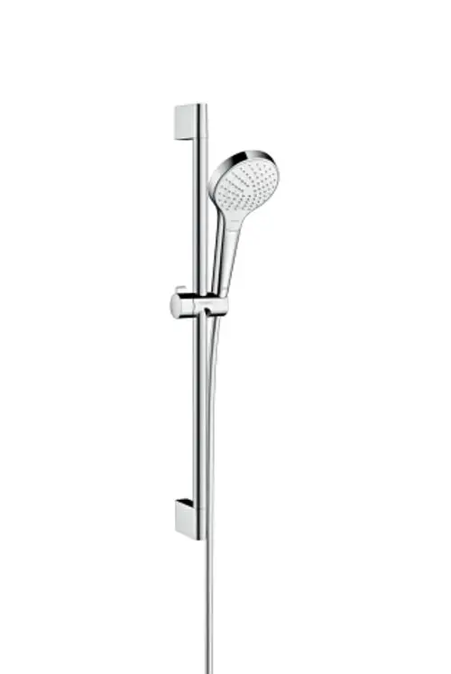 Hansgrohe Duschset mit verchromter Brausestange und Handbrause. Die Stange ermöglicht eine Höhenverstellung der Brause. Minimalistisches, funktionales Design.